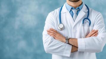 Doctor standing with arms crossed, stethoscope, conveying confidence and professionalism Copy space for text photo