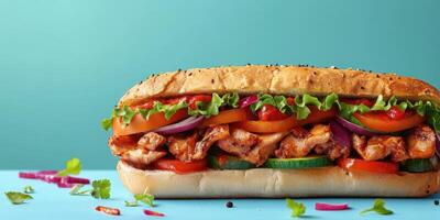 Delicious sandwich filled with grilled chicken, fresh vegetables, and savory sauce on a blue background photo