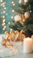 Golden 2026 numerals glowing near sparkling christmas tree, symbolizing festive holiday approaching new year celebration background photo