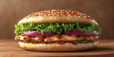 Juicy grilled chicken sandwich with fresh vegetables on toasted sesame bun served on wooden table photo