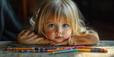 Young child with captivating blue eyes resting her chin on hands surrounded by colorful crayons indoors photo