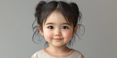 Young girl with playful expression and cute hairstyle poses against a neutral background photo