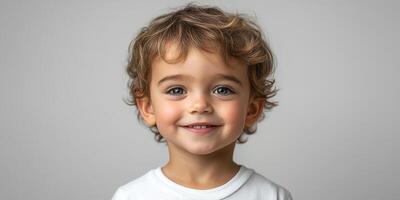 Young child with curly hair smiling against neutral background in a playful moment during daytime photo
