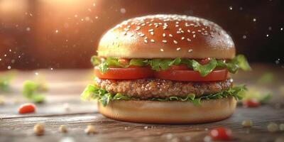 Delicious burger with fresh lettuce and tomato on a wooden table with warm lighting photo