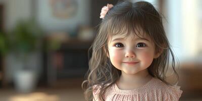 Portrait of a joyful young girl in a cozy indoor setting with natural light and a gentle smile photo