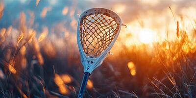 Lacrosse stick against a sunset backdrop in a field with tall grass and soft golden light photo