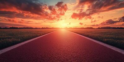 Vibrant sunset illuminating a deserted road through a grassy landscape at dawn photo