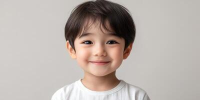 Young child with a bright smile posing against a light background in an indoor setting photo