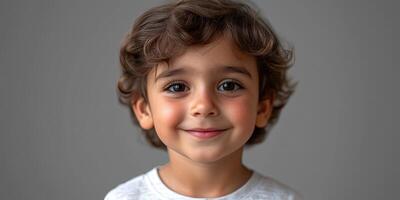 Happy young boy with curly hair smiling at the camera in a neutral background photo