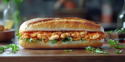 Savory chicken sandwich garnished with fresh herbs displayed on a wooden surface in a rustic kitchen photo