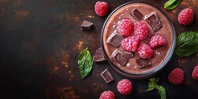 Delicious chocolate raspberry smoothie in a glass bowl with fresh mint on a dark textured background photo