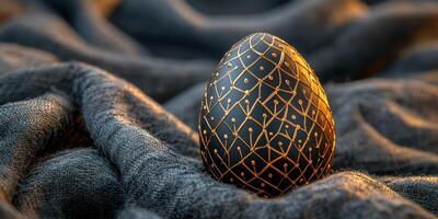 Elegant black and gold decorative egg resting on soft fabric with intricate patterns in warm light photo