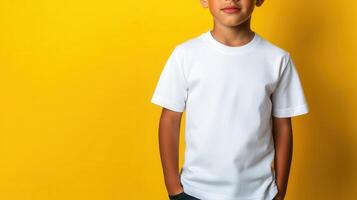 Child wearing plain white t shirt mockup standing against bright yellow background, providing minimalist template for graphic design concepts photo