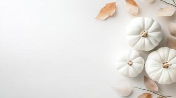 White pumpkins and dry maple leaves creating an autumn flat lay thanksgiving composition on white background photo