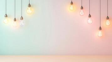 Lit christmas light bulbs hanging from a pink string against a pastel wall create a warm, inviting atmosphere background Copy space for text photo