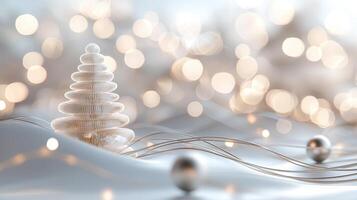 Soft christmas string lights illuminating snowy landscape with vibrant sunset, casting magical winter bokeh glow across serene evening scene background photo
