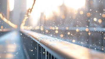 Christmas lights and colorful baubles decorating a snow covered winter city bridge railing at twilight, with a cityscape and falling in the background photo