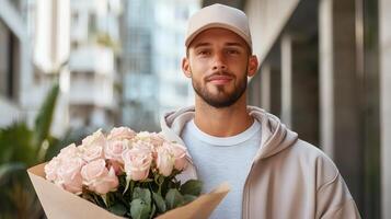 European man Delivery courier person grinning, carrying pink rose bouquet, dressed in uniform near residential home photo