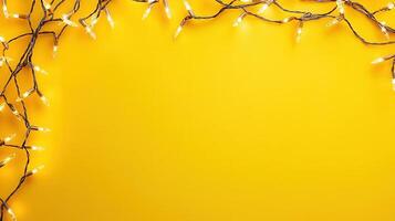 Illuminated evergreen garland framing bright yellow surface, creating warm holiday atmosphere with festive seasonal charm photo
