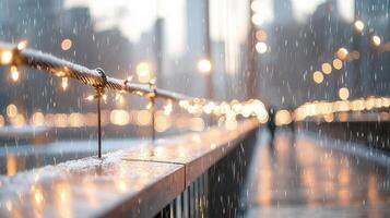 Raindrops cascading along illuminated bridge railing, painting twilight scene with soft, moody ambiance photo