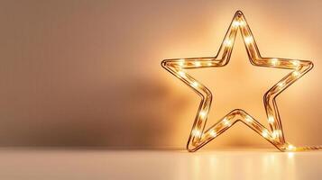 Glowing led star ornament nestling on surface, softly highlighted by warm fairy lights, creating festive holiday ambiance Copy space for text photo