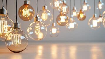 Christmas light bulbs hanging above gray tabletop with small potted pine tree creating warm holiday atmosphere background Copy space for text photo