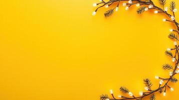 Illuminated evergreen garland framing bright yellow surface, creating warm holiday atmosphere with festive seasonal charm photo