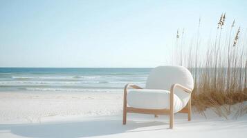 White armchair stands on a pristine white sand beach summer, offering a tranquil escape with breathtaking ocean views background photo
