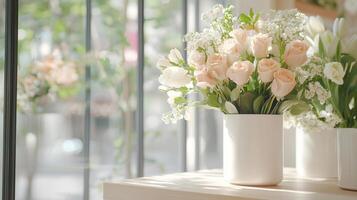Bright floral bouquet of roses and tulips on display in a charming flower shop with large windows photo