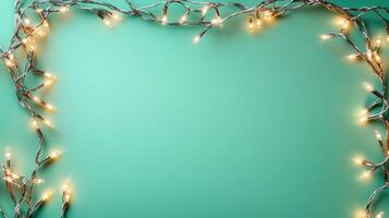 christmas Warm glow of string lights forming festive border, highlighting cozy holiday ambiance and celebratory mood green background Copy space for text photo