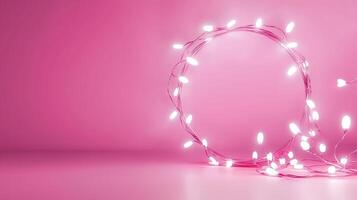 Christmas lights illuminating white creating oval frame on light pink background, perfect for winter holidays greeting card photo