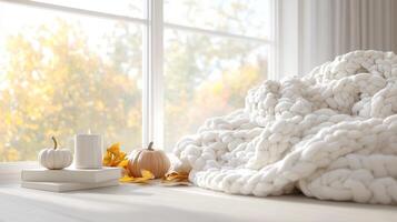 A cozy fall scene featuring an oversized white knit blanket, autumn decorations like pumpkins and leaves cozy atmosphere thanksgiving background photo