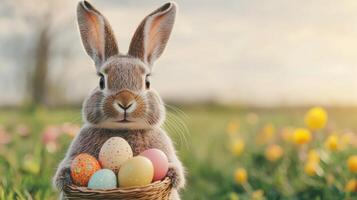 Easter celebration featuring a joyful bunny with colorful eggs outdoor garden photography spring season whimsical theme copy space photo