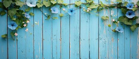 Dew-kissed morning glories climbing a rusty standard vibrant blue background closeup nature photography photo