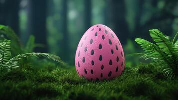 Easter egg hunt adventure enchanted forest 3d render lush greenery close-up playful surprise photo
