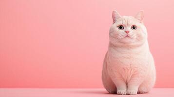 Charming white cat sitting against pink background studio minimalist style indoor front view feline beauty photo