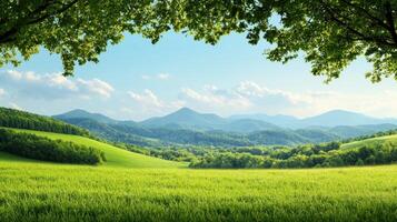 Majestic mountain landscape serene green fields nature photography rural setting wide angle view tranquil concept photo