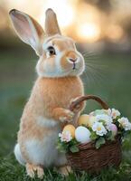 Easter celebration adorable bunny with egg basket in nature at sunset joyful springtime scene photo