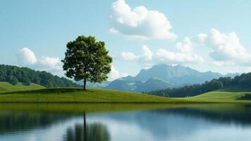 Serene nature scene mountain lake landscape photography tranquil environment wide angle view natural beauty photo