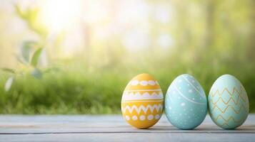 Joyful easter celebration with painted eggs outdoor garden photography bright spring environment close-up view festive concept photo
