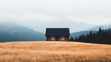 Beautiful minimalist brown-toned house in serene landscape nature photography tranquil environment wide view photo