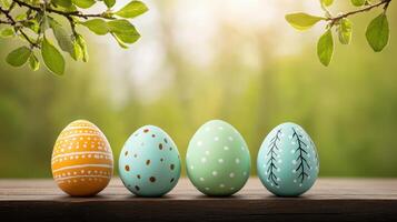 Easter celebration hand-painted eggs on wooden table in nature capturing spring's joyful vibe photo