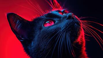 Dynamic black cat portrait studio setting high-contrast lighting artistic focus cat enthusiasts visual depth photo