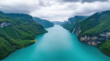 Breathtaking waterfalls and lakes in the mountains a scenic nature landscape adventure photo