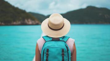 Back view of Exploring coastal beauty traveler with backpack at turquoise waters beach photo