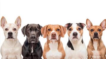 Group of dogs posing together studio animal portrait white background front view companionship and loyalty photo