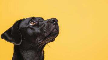 Portrait of a black dog on yellow studio photo