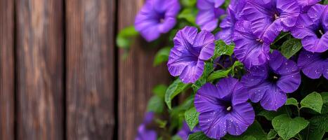 Dew-kissed morning glories climbing a rusty standard nature close-up botanical photography outdoor serenity photo
