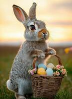 Easter bunny with basket of colorful eggs in nature spring vibes whimsical photography perspective photo