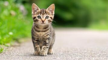Tabby cat walks on the road. Copy space. photo
